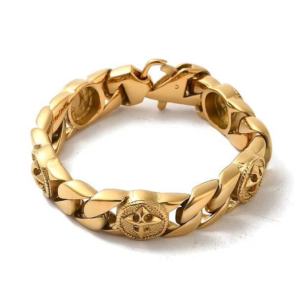 Ion Plating(IP) 304 Stainless Steel Cross Cuban Link Chain Bracelets for Women Men