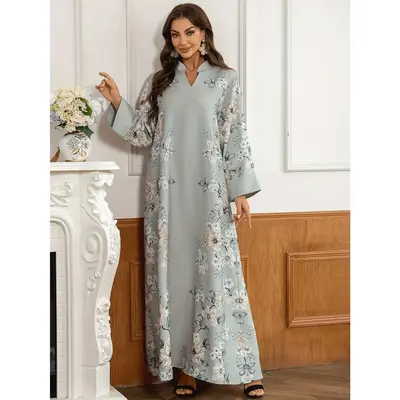 Women's Elegant Floral Embroidered Robe Dress - Long Sleeve V-neck Robe, with Beaded Details, Polyester Material, Perfect Cho...