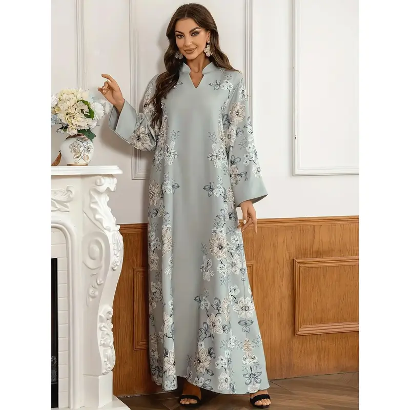 Women's Elegant Floral Embroidered Robe Dress - Long Sleeve V-neck Robe, with Beaded Details, Polyester Material, Perfect Cho...