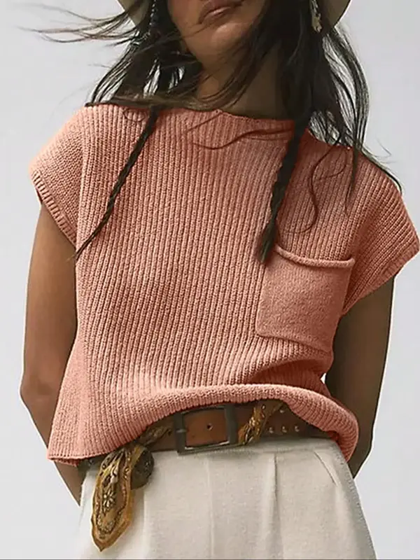 Women's Plain Pocket Mock Neck Sweater Vest, Casual Solid Sleeveless Knit Top for Spring & Fall, Ladies Clothes for Daily Wea...