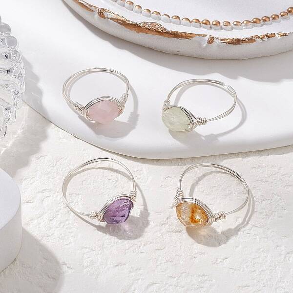 Natural Amethyst & Rose Quartz & Prehnite & Citrine Beads Finger Rings