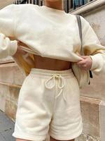 Two-piece Set Women's Solid Color Drop Shoulder Sweatshirt & Tie Front Shorts, Casual Fashion Cozy Round Neck Long Sleeve Pul...