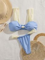 Two-Piece Set Women's Solid Color Ruched Design Bikini Set, Casual Fashion Chic Wide Shoulder Straps Swimsuit Set for Beach H...