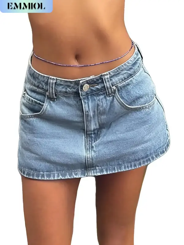 EMMIOL Vintage Blue Fit Denim Mini Jean Skirt for Women - Casual Style Regular Fit Above Knee Cotton Material Multi Belt Loop...