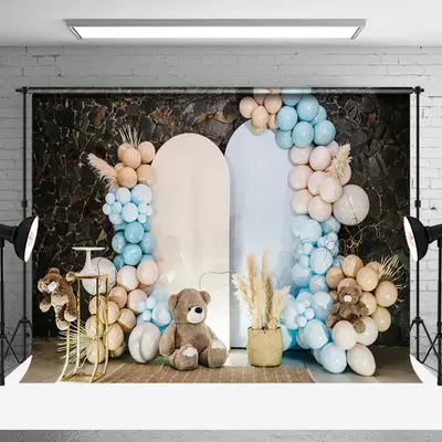 Marble Wall Arch Teddy Bear Birthday Party Backdrop - Aperturee