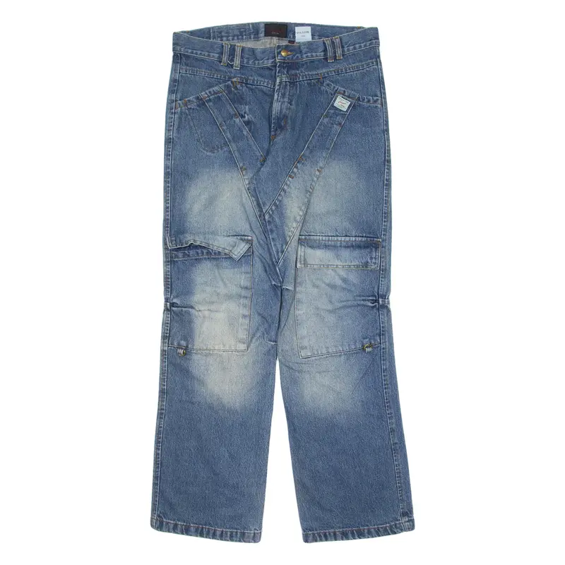 COYOTE Cargo Mens Jeans Blue Regular Straight 90s Stone Wash W36 L34