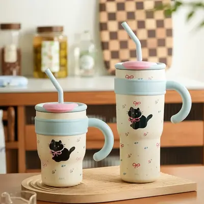 Cute Cat Insulated Straw Cup Stylish Large-Capacity Water Bottle for Hot and Cold Drinks Stainless Steel Bottled Tumbler Port...