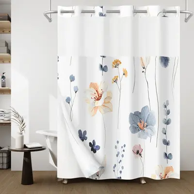 WITHLOC No Hook Waterproof Shower Curtain - Snap-in Liner, Watercolor Floral Design, Plants Blue Beige Flowers White Cloth, M...