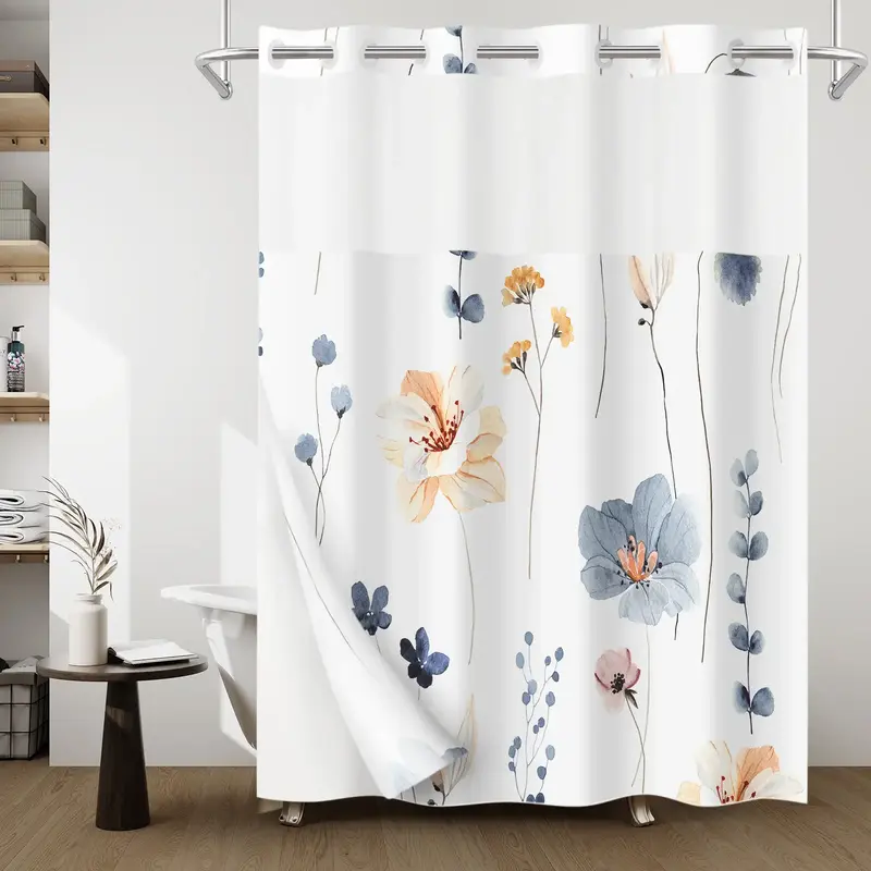 WITHLOC No Hook Waterproof Shower Curtain - Snap-in Liner, Watercolor Floral Design, Plants Blue Beige Flowers White Cloth, M...