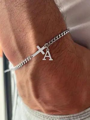 Men's Fashion Simple Cross Charm Decor Bracelet, 2025 New Style Casual Trendy Letter Design Bracelet, Fashion Matching Bracel...