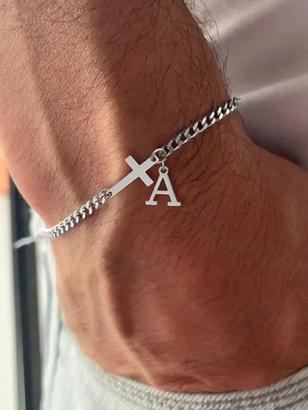Men's Fashion Simple Cross Charm Decor Bracelet, 2025 New Style Casual Trendy Letter Design Bracelet, Fashion Matching Bracel...