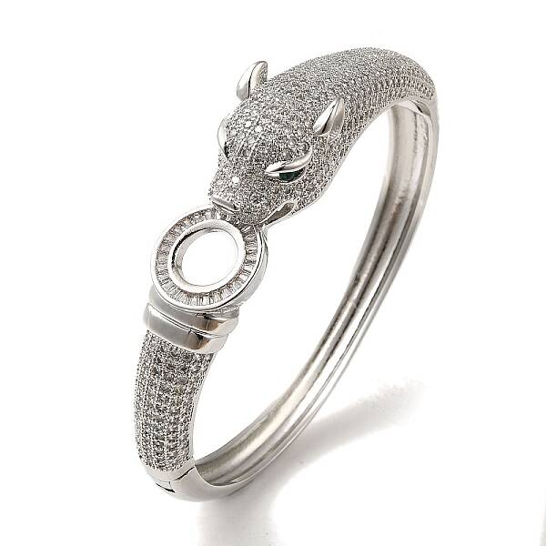 Brass Pave Clear & Green Cubic Zirconia Leopard Hinged Bangle for Women