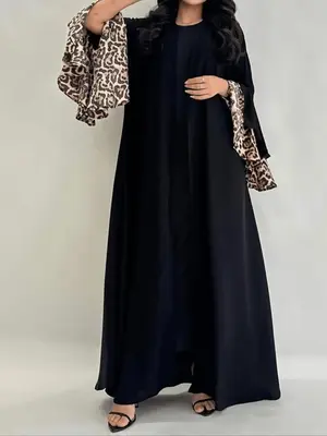 Women's Leopard Print Long Sleeve Abaya, Modest Casual Open Front Long Outwear for Daily Wear, Women's Islamic Clothing for...