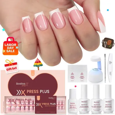 Beetles X Press Plus-Lite Kit French Tips Square Almond French Tip Press on Nails with Nail Glue Builder Top Coat Squoval Pre...