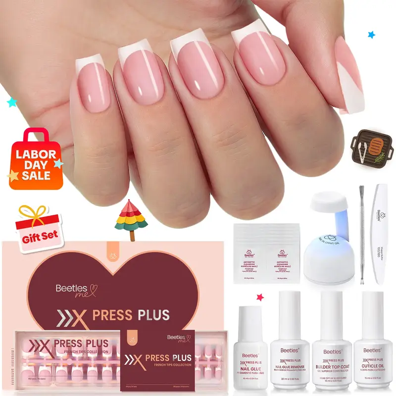 Beetles X Press Plus-Lite Kit French Tips Square Almond French Tip Press on Nails with Nail Glue Builder Top Coat Squoval Pre...