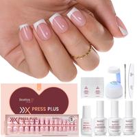 Beetles X Press Plus-Lite Kit French Tips Square Almond French Tip Press on Nails with Nail Glue Builder Top Coat Squoval Pre...