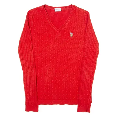 U.S. POLO ASSN. Womens Jumper Orange V-Neck Cable Knit M