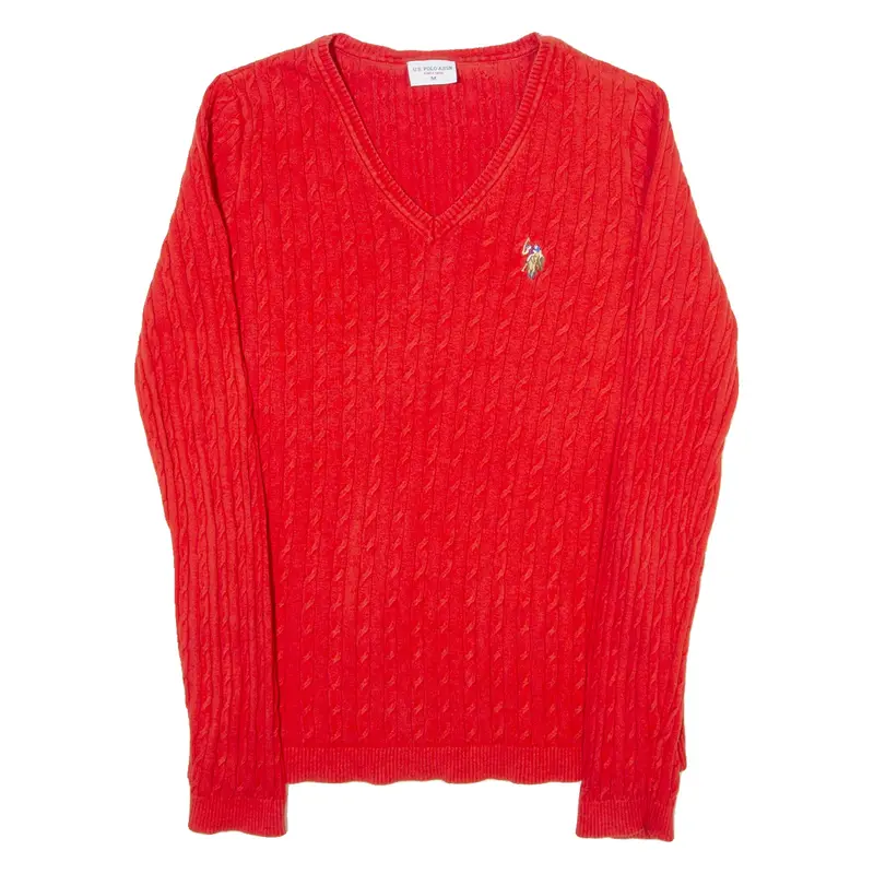 U.S. POLO ASSN. Womens Jumper Orange V-Neck Cable Knit M