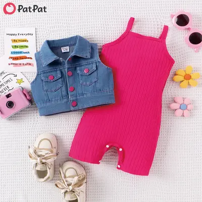 PatPat 2pcs Baby Girl Solid Rib-knit Romper and Button Up Front Vest Denim Jacket Set