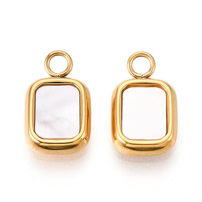 304 Stainless Steel Pave Natural Shell Rectangle Charms