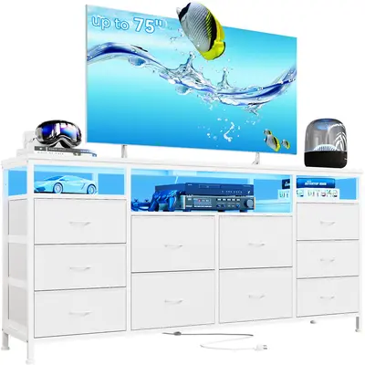 Garvee 63.3 Inch Dresser for Bedroom, 10 Drawer Dresser TV Stand for 65-75 TV, Fabric Chest of Drawers with Led Lights & Po...