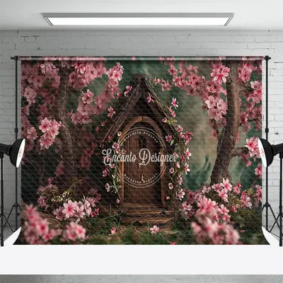 Brown Wooden House With Pink Flowers Photo Backdrop - Aperturee