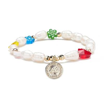 Natural Pearl & Millefiori Glass Beaded Stretch Bracelet with Heart and Coin Charm for Women