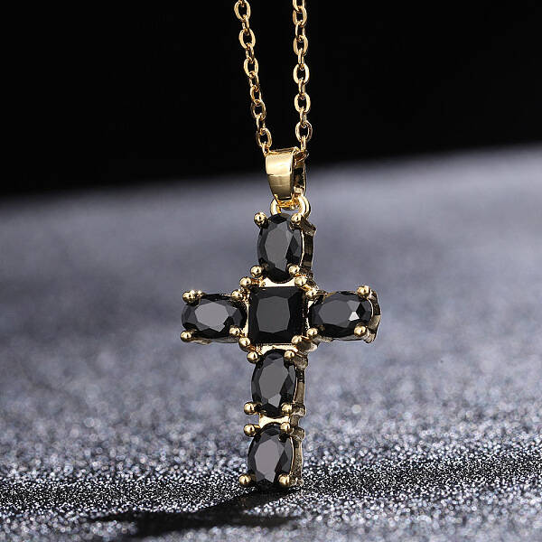 Cross Brass Pendant Necklaces with Rhinestone