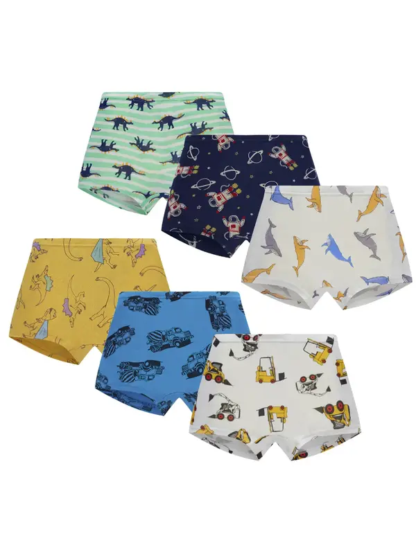 6-pack boys' comfortable and breathable flat underwear with elements such as dinosaur shark engineering vehicle