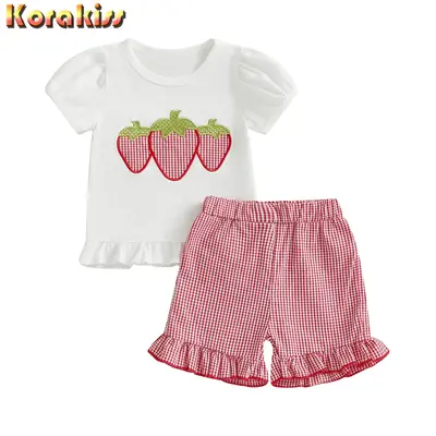 Baby Toddler Girl Strawberry Outfit Fruit Embroidery Short Sleeve Ruffle Tops Plaid Ruffle Shorts 2 Piece Summer Set