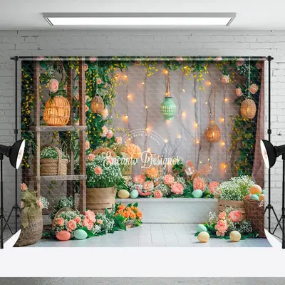 Lantern Pink Curtain Green Grass Photo Booth Backdrop - Aperturee