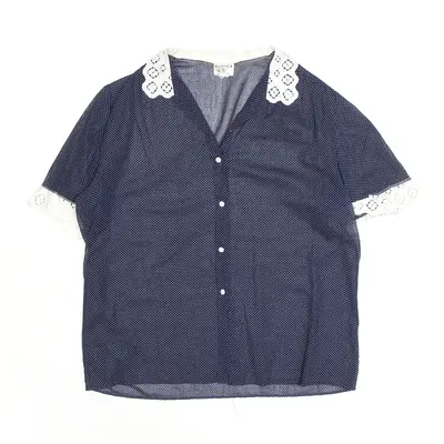 RUSTICA Sheer Lace Navy Blue 80s Spotted Short Sleeve Shirt Womens S