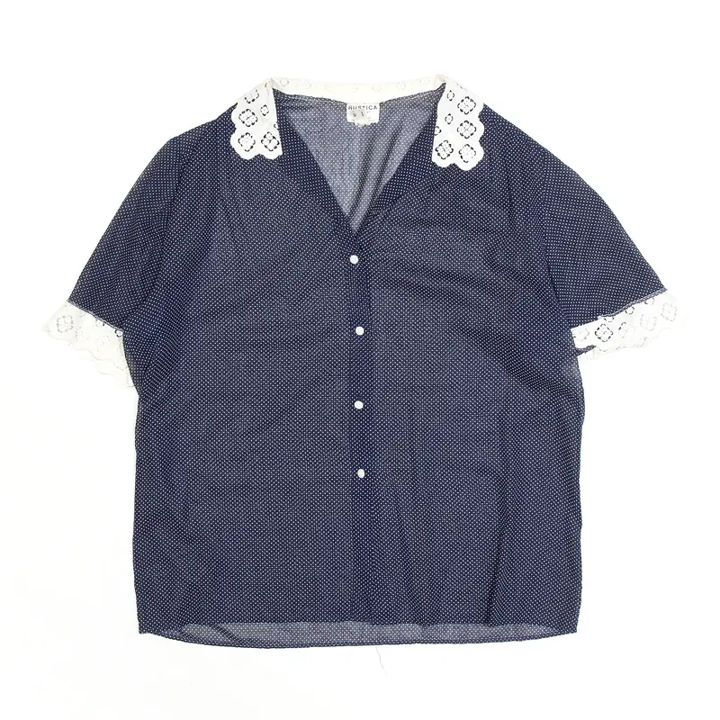 RUSTICA Sheer Lace Navy Blue 80s Spotted Short Sleeve Shirt Womens S