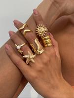 Irregular Liquid Line Metal Open Ring Set, Fashion Sun & Starfish & Shellfish Design Rings for Women & Girls, Trendy All-matc...