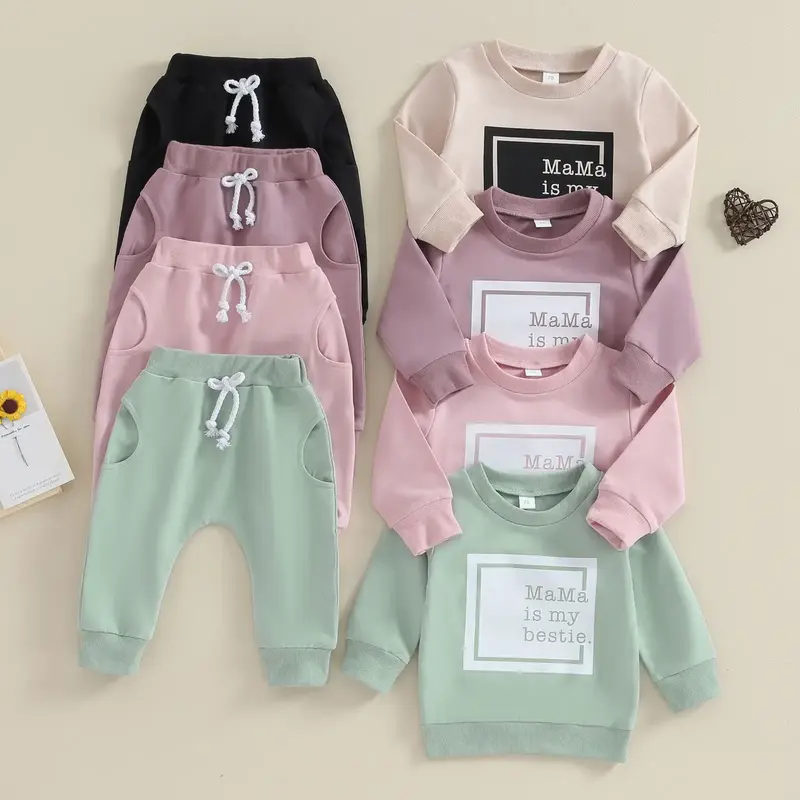 Toddler Baby Boy Girl Fall Winter Clothes Mama Is My Bestie Letter Print Sweatshirt Long Sleeve Pullover Pants Set