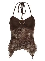 Women's Patchwork Floral Print Ruched Sleeveless Asymmetrical Hem Halter Top, Aesthetic Vintage Fit Lettuce Trim Tie Backless...