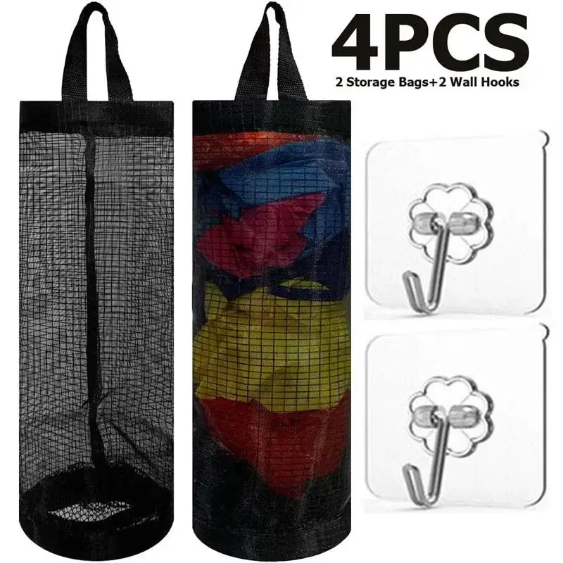 Trash Bag Holder Set, 4pcs/set Including 2 Storage Bags & 2 Wall Hooks, Mesh Hanging Storage Dispenser Set