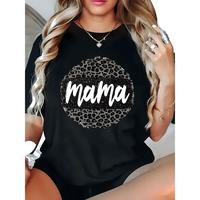 1pc Plus Size Mama Print T-Shirt for Women, 100% cotton, Stretchy Round Neck Top, Short Sleeve, Knitted Fabric, Geometric Pat...