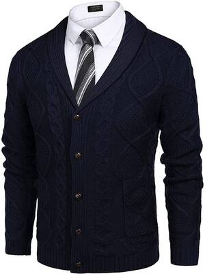 Shawl Collar Button Down Knitted Sweater with Pockets (US Only), Navy Blue / L