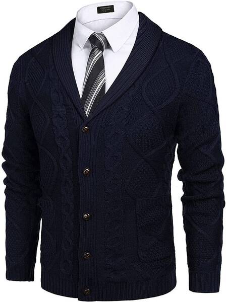 Shawl Collar Button Down Knitted Sweater with Pockets (US Only), Navy Blue / L