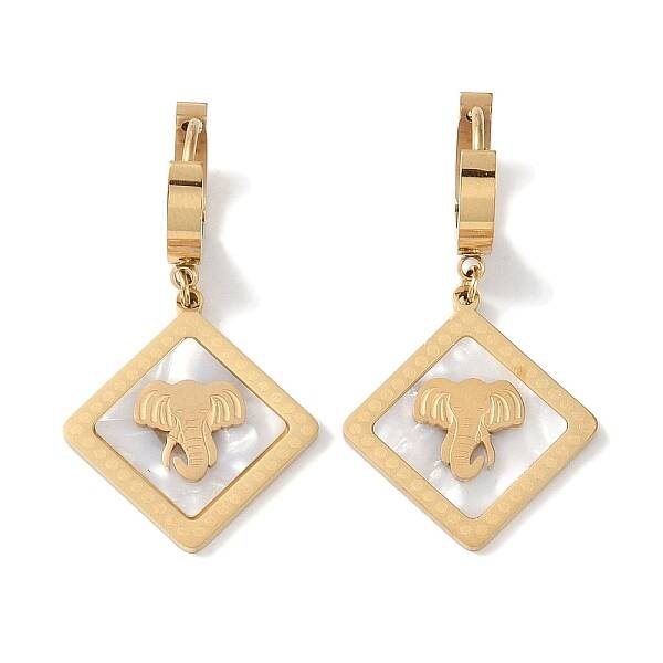 Rhombus with Elephant 304 Stainless Steel Shell Hoop Earrings