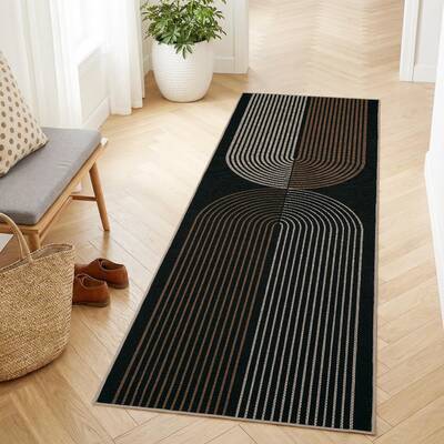 Garvee Easy Jute Entryway Rug 2x6 Washable Runner Non Slip Backing Arch Striped Soft Non Shedding Carpet Black/Brown for Kitc...