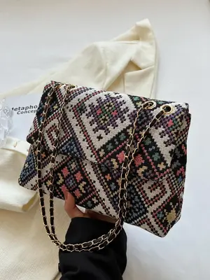 Women's Color Block Ethnic Pattern Flap Square Crossbody Bag, Fashion Chain Strap Shoulder Bag, Trendy All-match Underarm Bag