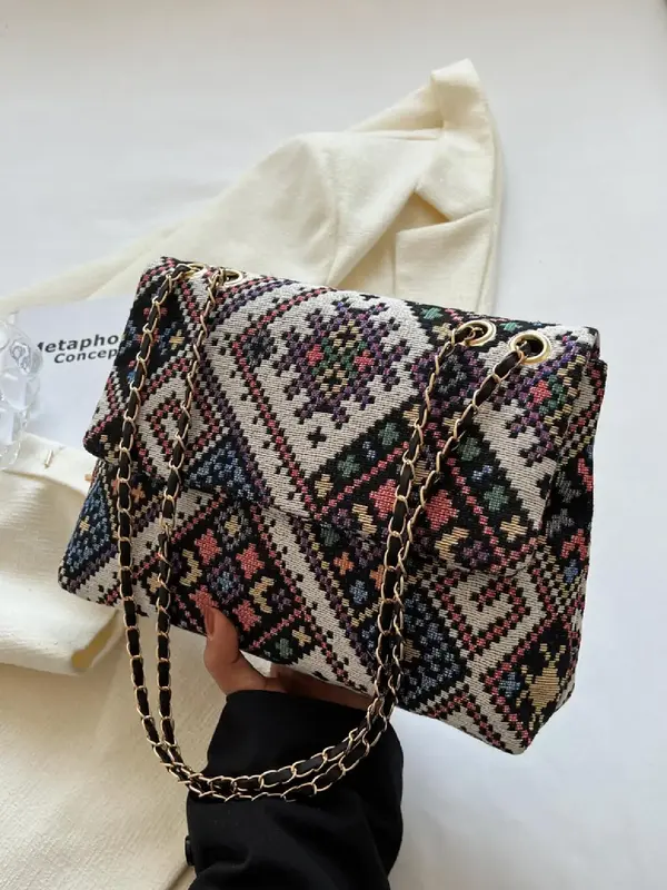 Women's Color Block Ethnic Pattern Flap Square Crossbody Bag, Fashion Chain Strap Shoulder Bag, Trendy All-match Underarm Bag