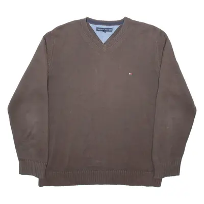 TOMMY HILFIGER Mens Jumper Brown V-Neck Tight Knit L
