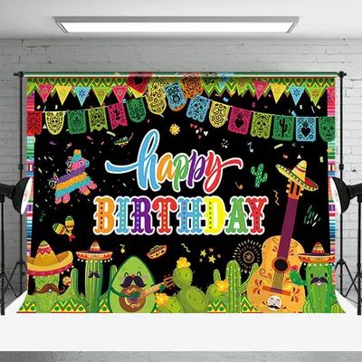 Floral Mexican Fiesta Happy Birthday Backdrop for Kids - Aperturee
