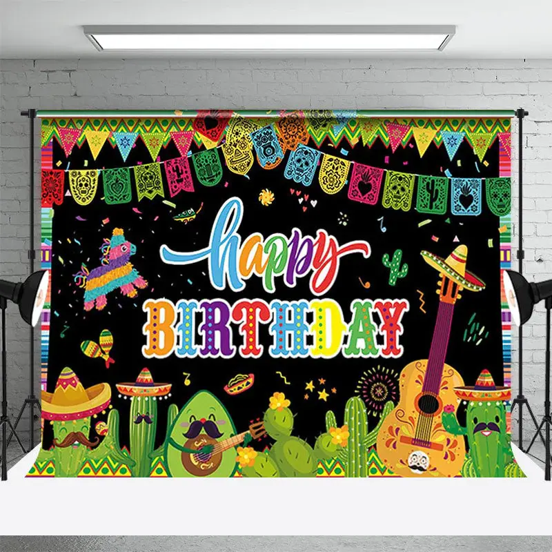 Floral Mexican Fiesta Happy Birthday Backdrop for Kids - Aperturee