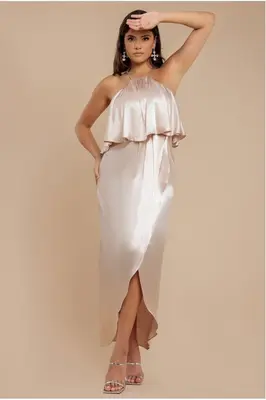 Goddiva Satin Viscose Front Wrap Midaxi Dress - Champagne