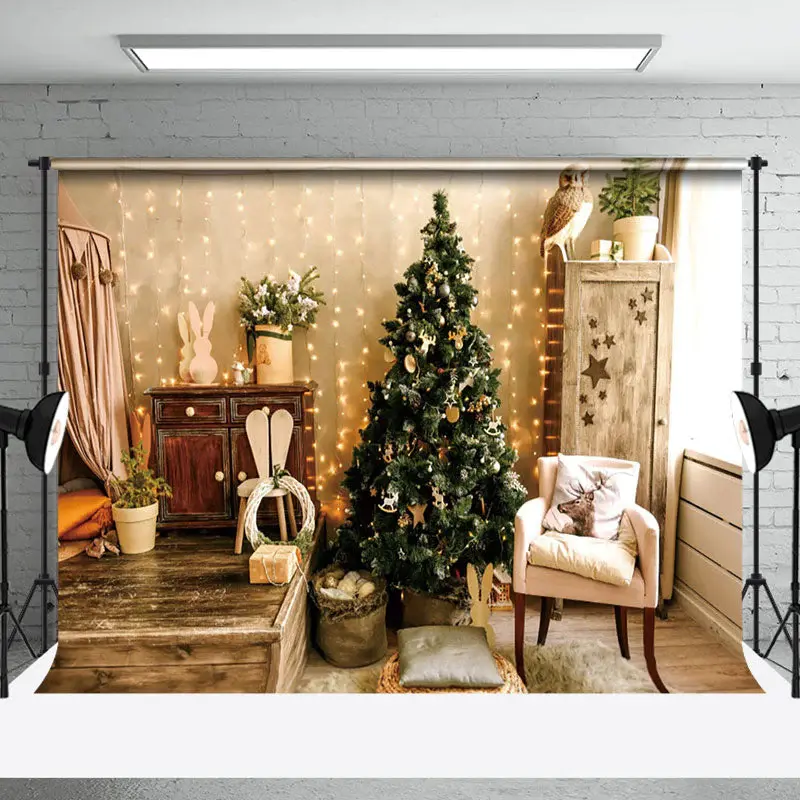 Aperturee Warm Log Style Bedroom Xmas Tree Christmas Backdrop