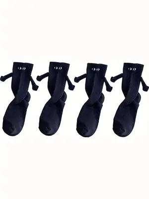 Women's 2 Pairs Basic Cartoon Face Embroidery Crew Socks, Minimalist Soft Cute Funny Magnetic 3D Hand Decor Mid-calf So...